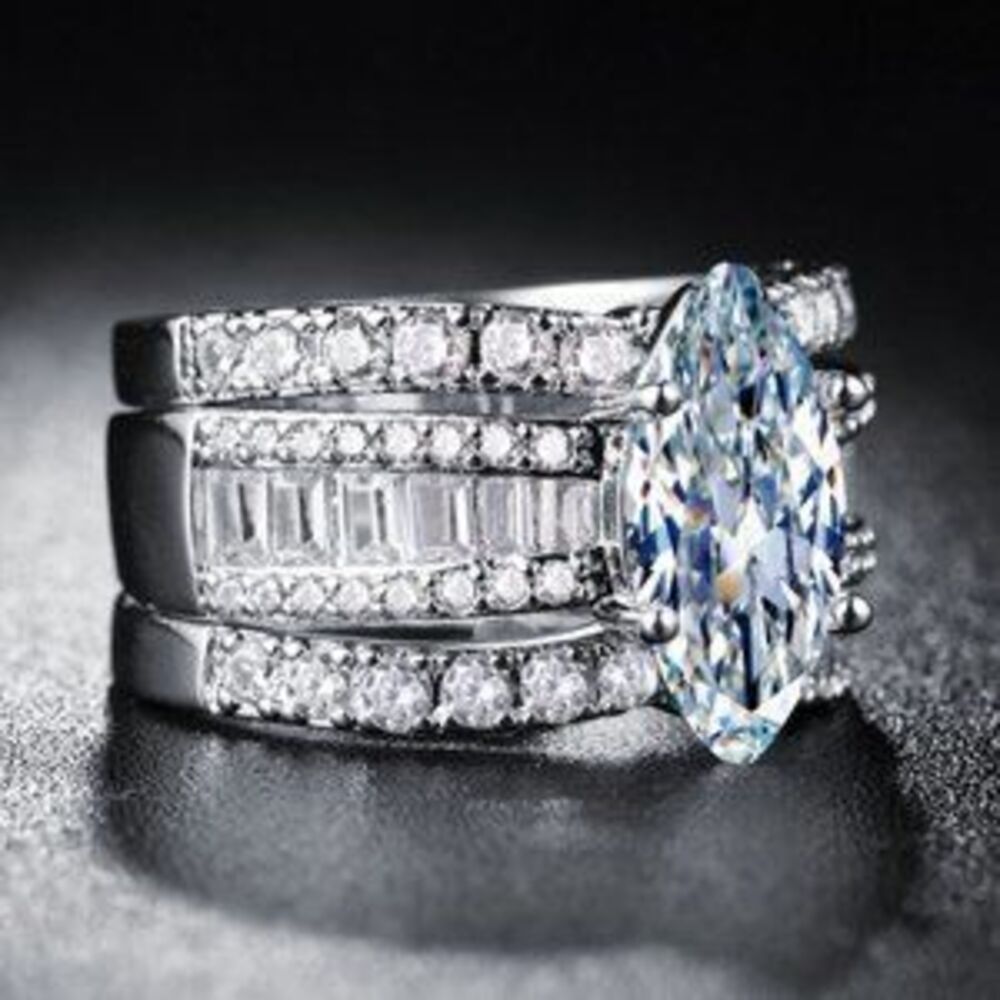NEW Marquis Baguette Round Diamond Silver Ring